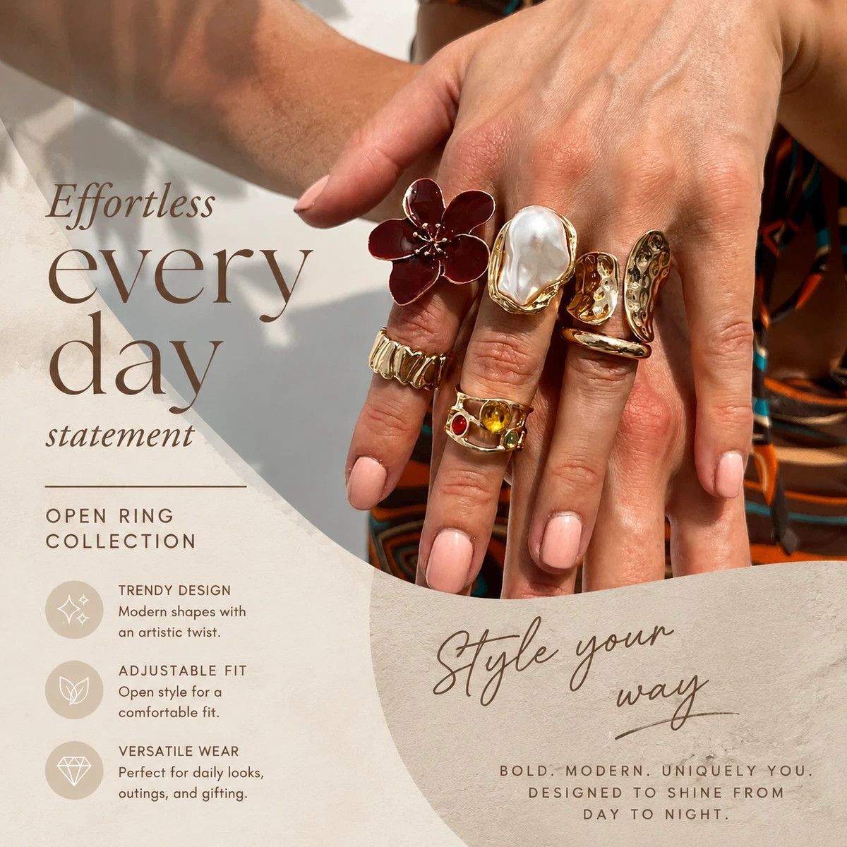 Unique Molten Textured Flower Ring Set, Vintage Imitation Pearl Crystal Stackable Bands, Light Gold & Deep Red Floral, 6 Pack