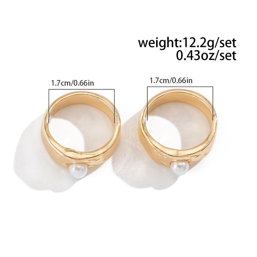 Unique Molten Textured Flower Ring Set, Vintage Imitation Pearl Crystal Stackable Bands, Light Gold & Deep Red Floral, 6 Pack