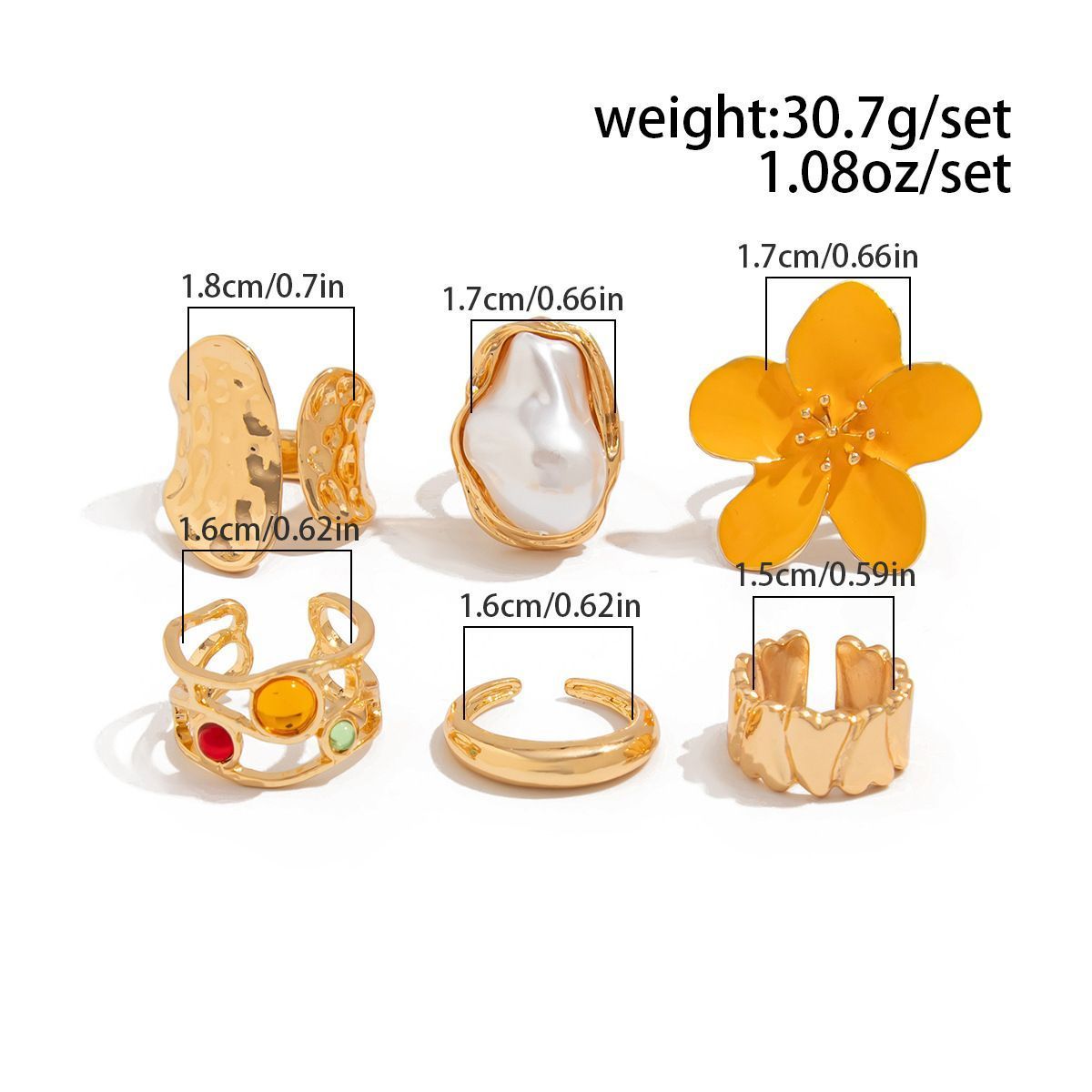 Chic Mini Sculptural Floral Open Ring Pack, Plain Metal Textured Flower Stacking Jewellery, Light Gold, 3 Pack