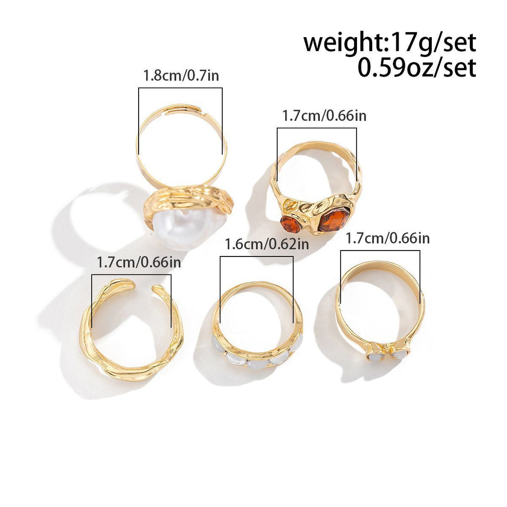 Distinct Molten Texture Flower Ring Kit, Minimal Faux Pearl Decorated Stacking Jewellery, Light Gold, 3 Pack