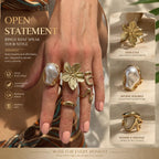 Eye-Catching Layered Floral Lava Ring Stack, Elegant Baroque Pearl Rhinestone Finger Ornaments, Light Gold, 5 Pack