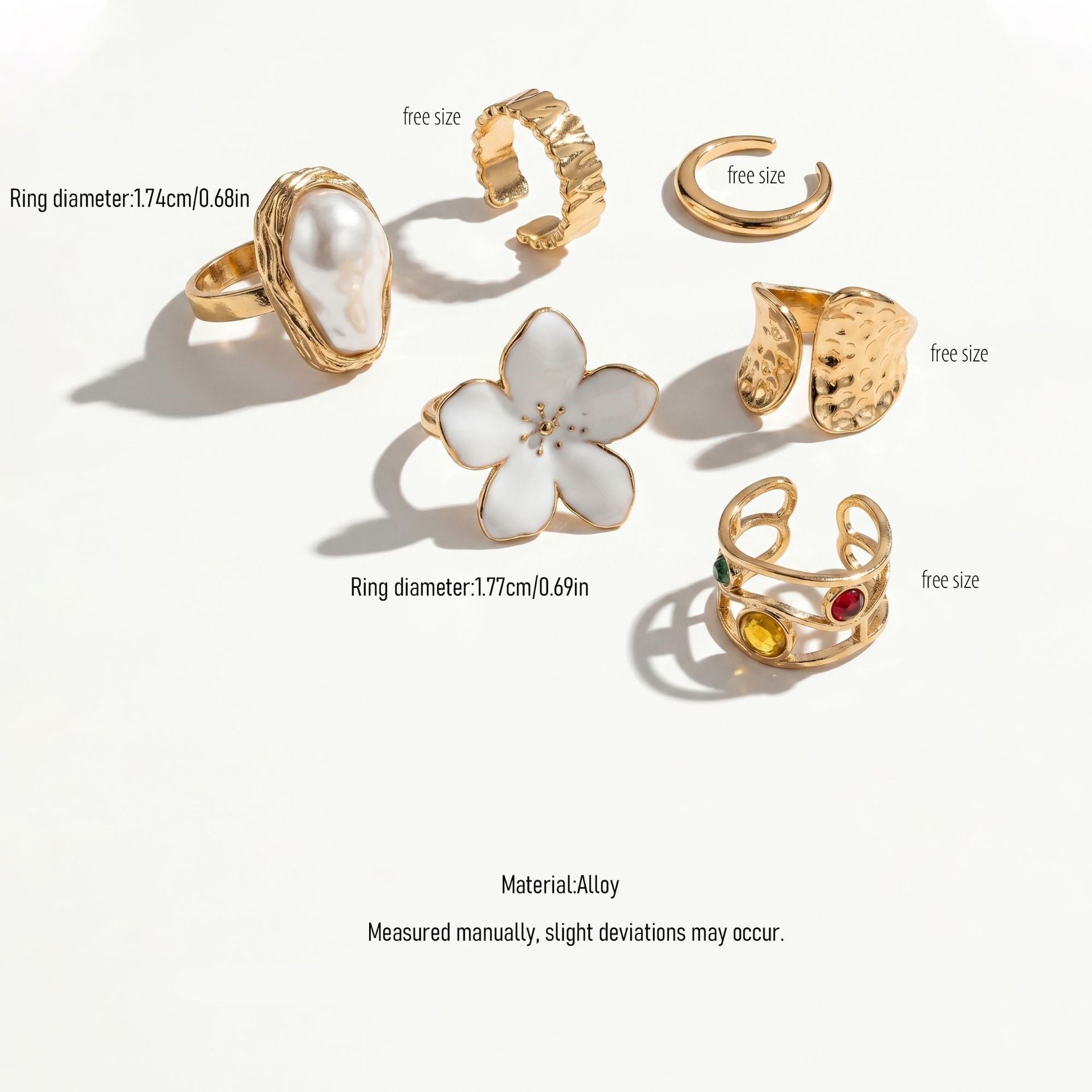 Eye-Catching Layered Floral Lava Ring Stack, Elegant Baroque Pearl Rhinestone Finger Ornaments, Light Gold, 5 Pack