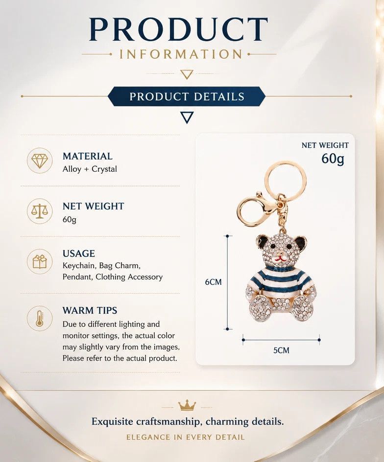 Rhinestone Inlaid Alloy Bear Keychain, Lovely Gift Option, Peach Body Bear With Brown Stripes