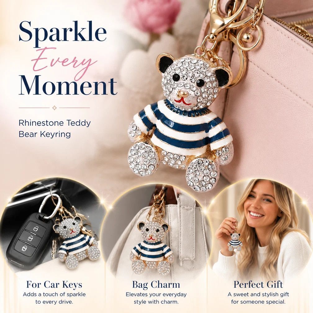 Shiny Crystal Decor Alloy Bear Keychain, Ideal Mini Gift For Him & Her, Silver Body Bear With Blue Stripes