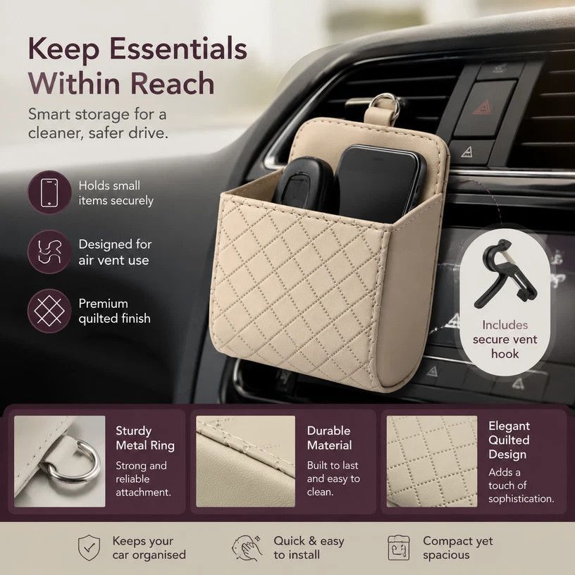 Sleek Sheepskin Car Air Outlet Storage Pouch, Universal Vehicle Sundries & Phone Holder Bag, Grey