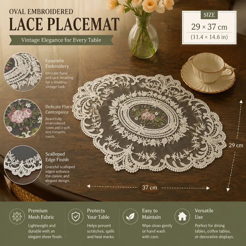 Romantic Floral Embroidery Placemat Set, Pink, Size S 21*27CM, 2 Pcs