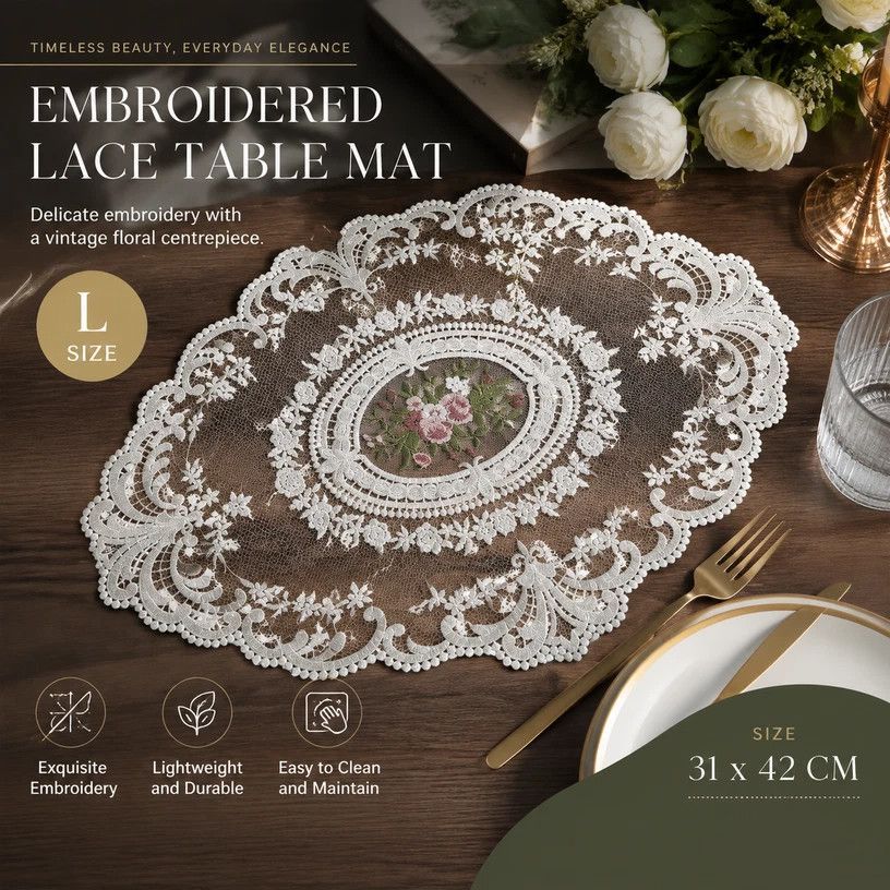 Sweet Vintage Fringe Stitched Dining Mat Pack, Pink, Size M 29*37CM, 2 Pcs
