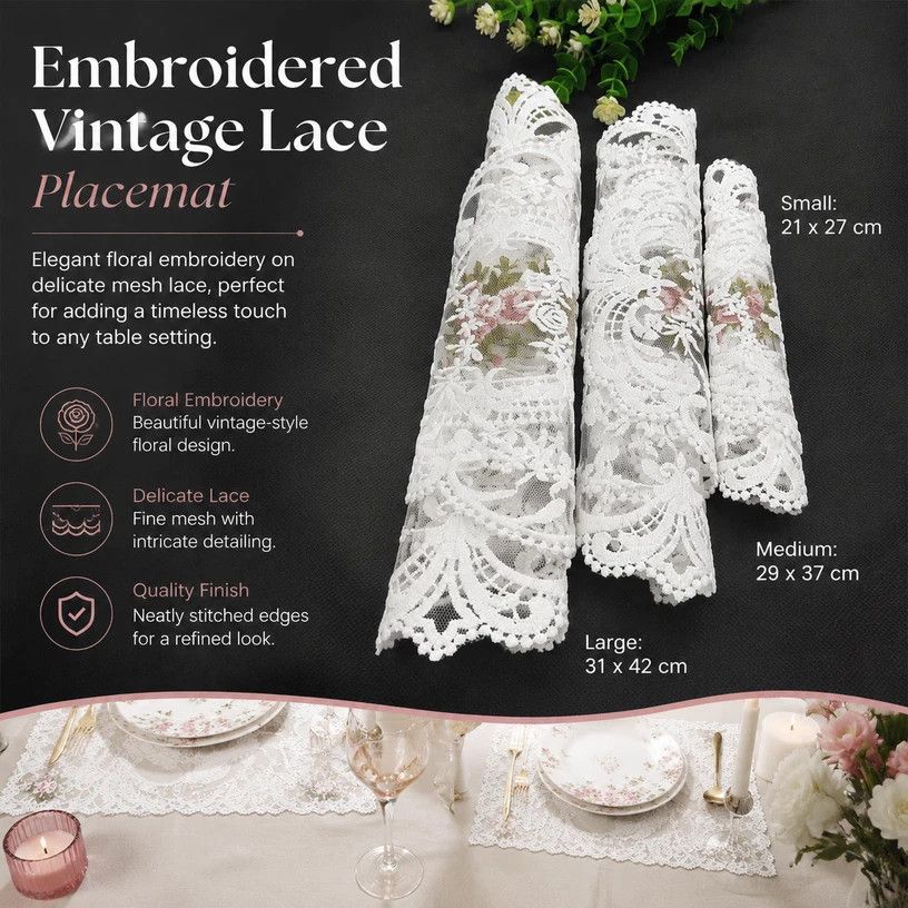 Elegant Antique Stitched Border Table Mat Combo, White, Size L 31*42CM, 2 Pcs