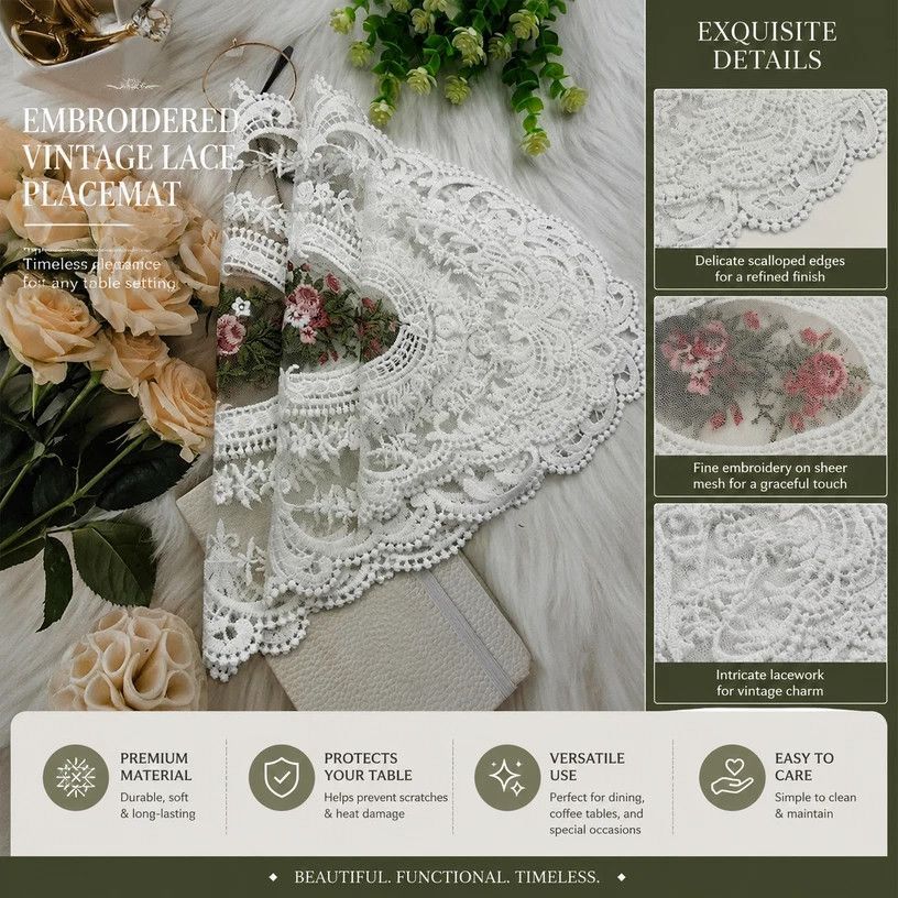 Elegant Antique Stitched Border Table Mat Combo, White, Size L 31*42CM, 2 Pcs
