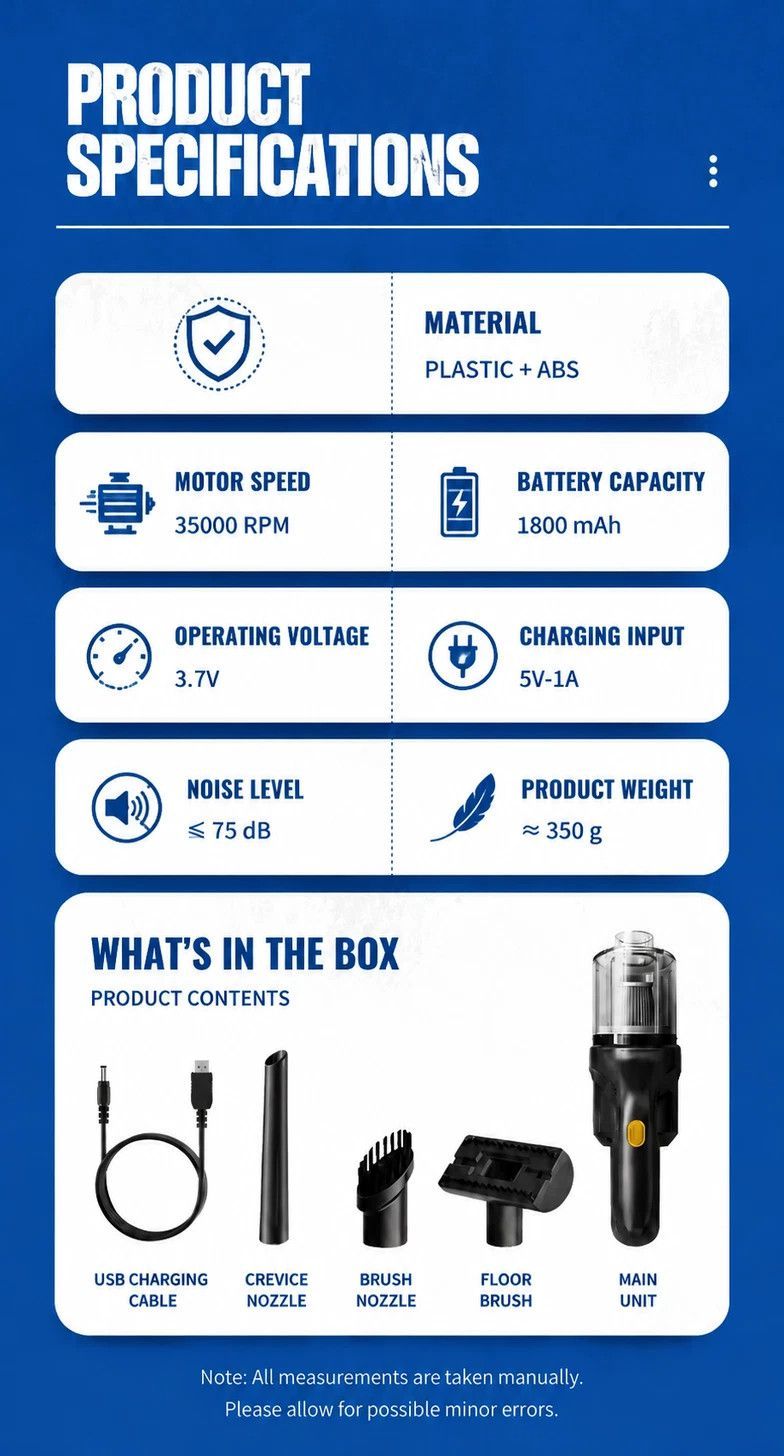 Portable Wireless Rechargeable Vacuum, Powerful Motor Multi-Scene Vehicle Household Dust Collector, Perfect Present, Black