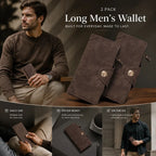 Retro All-Solid Long Men Hand Wallet 2 Pcs Set, Magnetic Portable Multi-Slot Billfold, Exquisite Daily Gift Pack, Coffee
