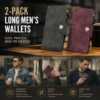 Two-Tone Classic Long Gentlemen Purse 2 Pcs Pack, Magnetic Large-Capacity Slots Billfold, Stylish Daily Gift Set, Grey & Red