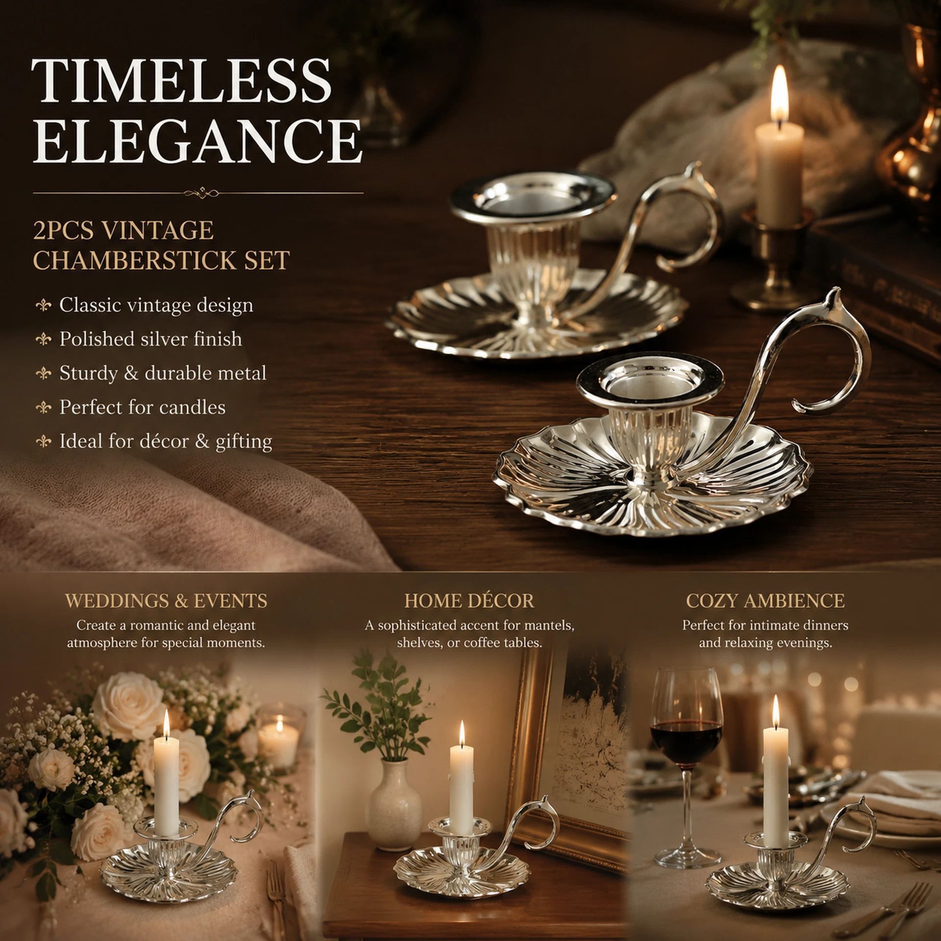 Retro Hand Carry Tray Candlestick 2 Pcs Pack, Chic Ambient Home Ornament, Thoughtful Wedding Present, Silver