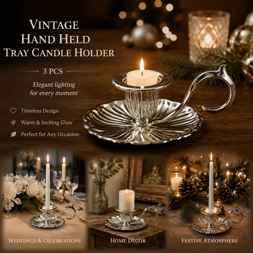 Retro Hand Carry Tray Candlestick 3 Pcs Set, Eye-Catching Living Room Accent, Practical Festival Present, Silver