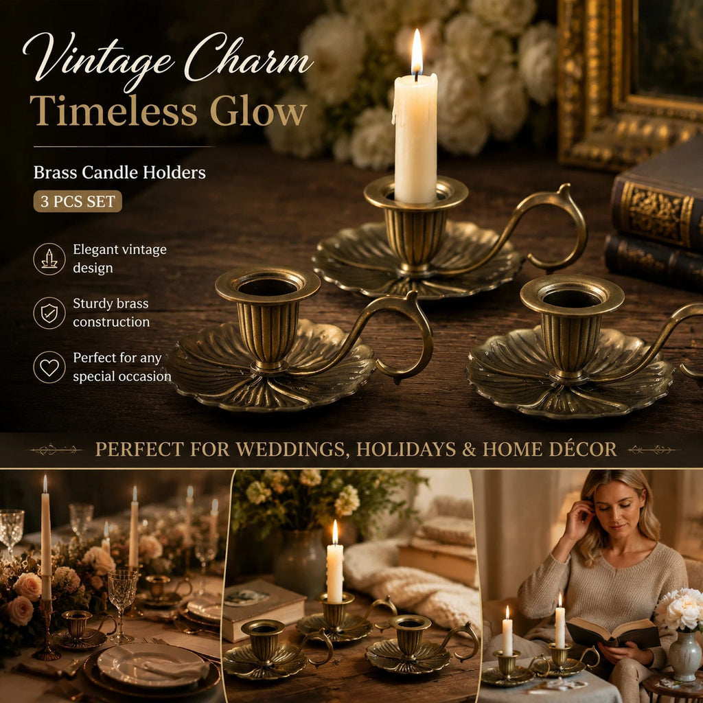 Antique Hand Held Candle Stand With Tray 3 Pcs Pack, Soft Romantic Table Furnishing, Exclusive Housewarming Gift, Bronze