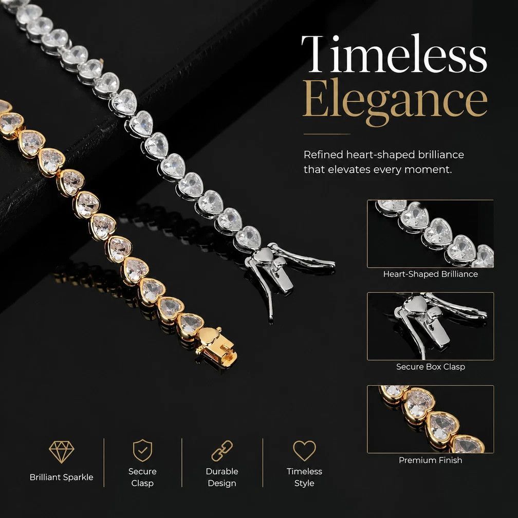 4*4mm Heart Packed Hip Hop Tennis Bracelet, Copper CZ Couple Jewelry, Perfect Lover Gift, 6 Inch 16cm Gold Tone