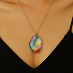 Retro Oval Cabochon Glass Alloy Necklace, Silver Tone Plating, Ideal Birthday Present For Date Night Outing