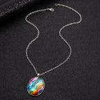 Retro Oval Cabochon Glass Alloy Necklace, Silver Tone Plating, Ideal Birthday Present For Date Night Outing