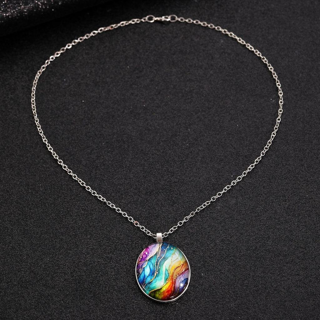 Retro Oval Cabochon Glass Alloy Necklace, Silver Tone Plating, Ideal Birthday Present For Date Night Outing