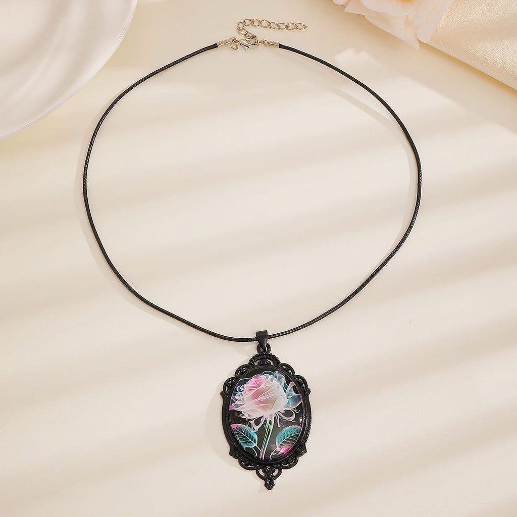 Simple Oval Cabochon Glass Alloy Necklace, Matte Black Plating, Cool Daily Ornament Gift For Club & Casual Trip