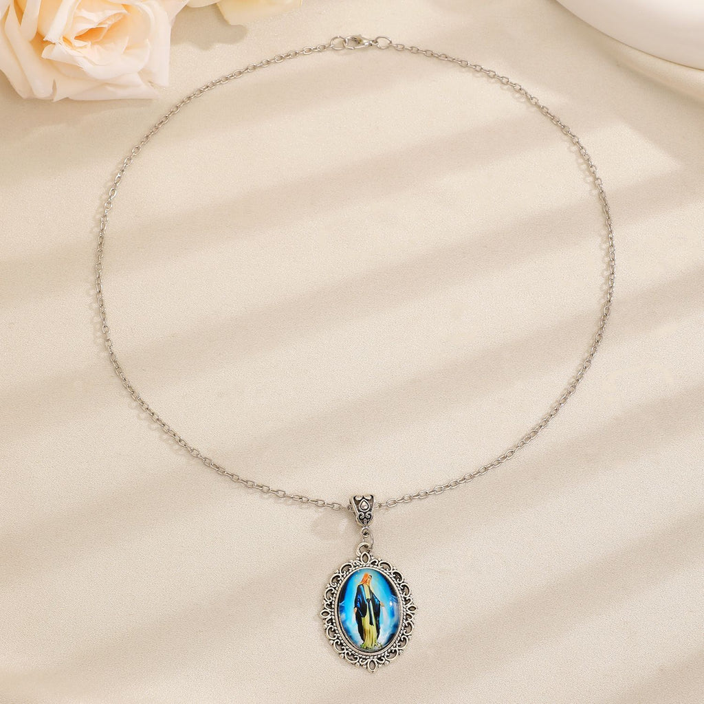 Delicate Oval Cabochon Glass Alloy Pendant Necklace, Antique Silver Tone, Dainty Jewelry Gift For Vacation & Date Party