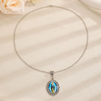 Delicate Oval Cabochon Glass Alloy Pendant Necklace, Antique Silver Tone, Dainty Jewelry Gift For Vacation & Date Party