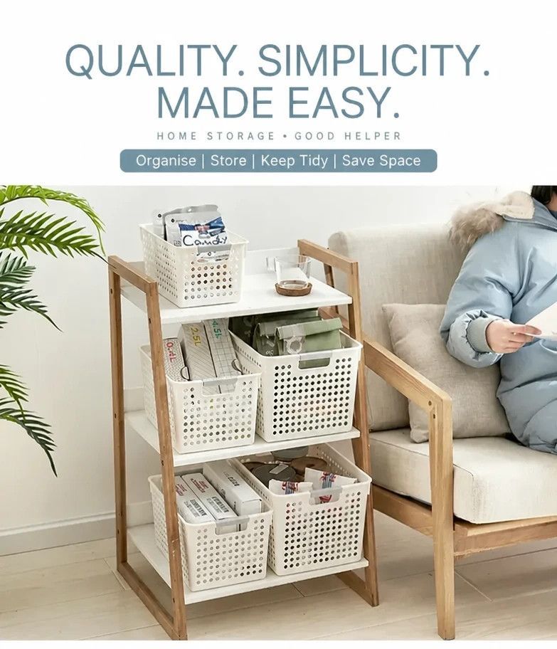 Shallow Plastic Storage Basket, Medium Size, 11.81x8.46x3.35in, White, Desk & Kitchen Organizer For Sundries, Elegant Housewarming Gift