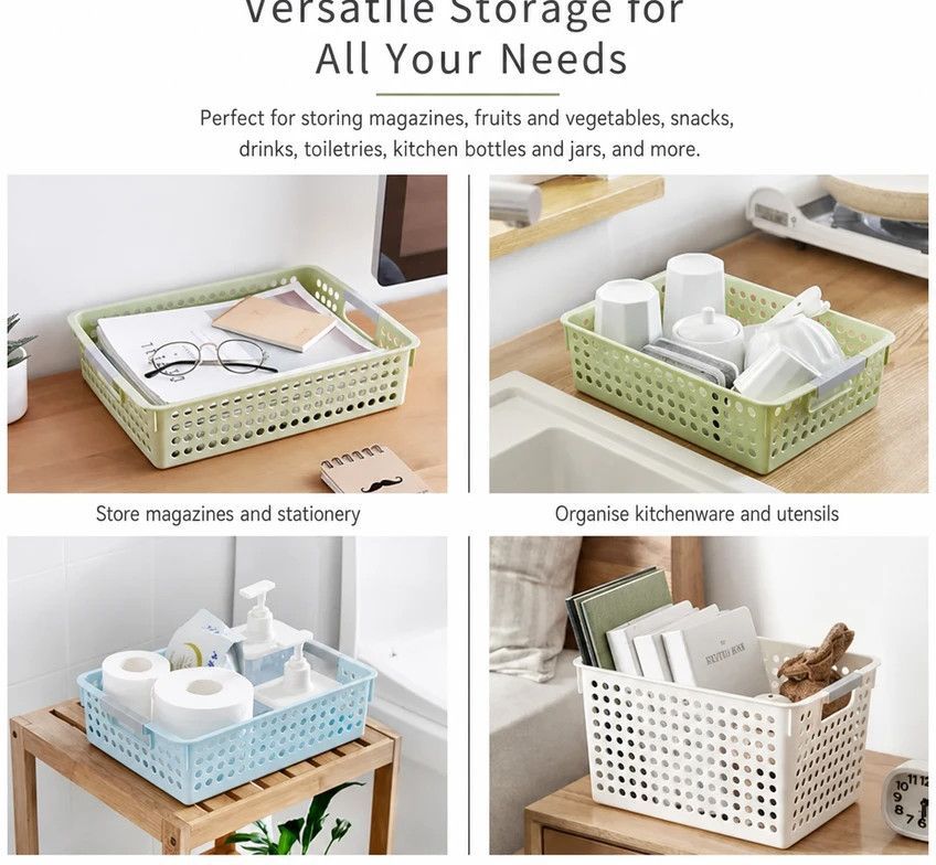 Tall Plastic Storage Basket, Medium Size, 12.20x8.66x6.89in, White, Multi-Purpose Deep Storage Container, Ideal Family Organizing Gift