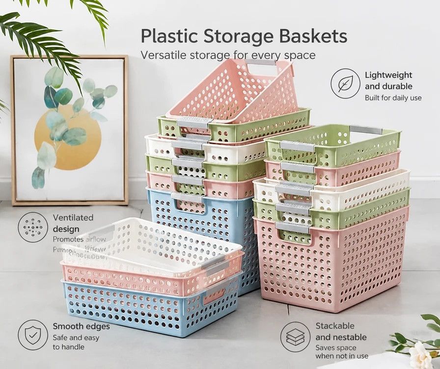 Tall Plastic Storage Basket, Medium Size, 12.20x8.66x6.89in, Pink, Deep Organizer For Kitchen Supplies, Lovely Housewarming Gift