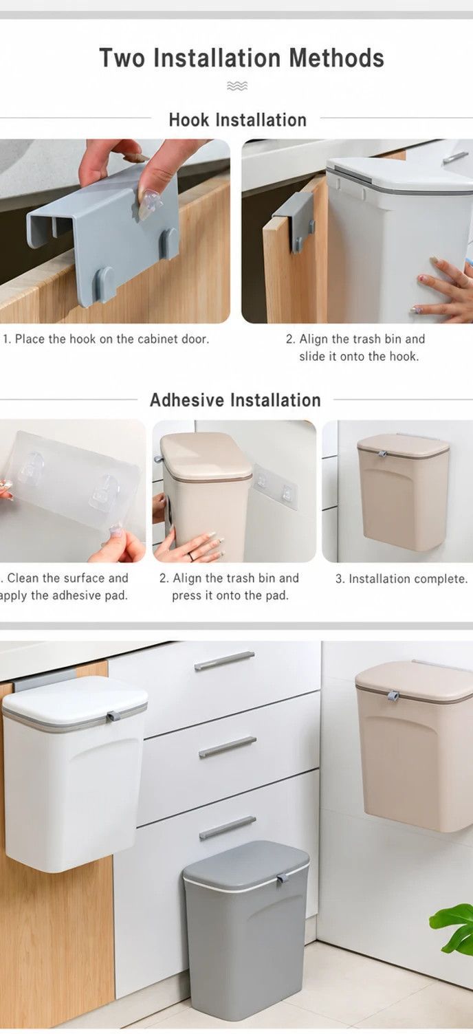 Hanging Kitchen Waste Bin With Removable Inner Bucket, Cabinet Mount, 9L, White, Multi-Purpose Trash Bucket For Toilet & Kitchen, Ideal New Home Gift