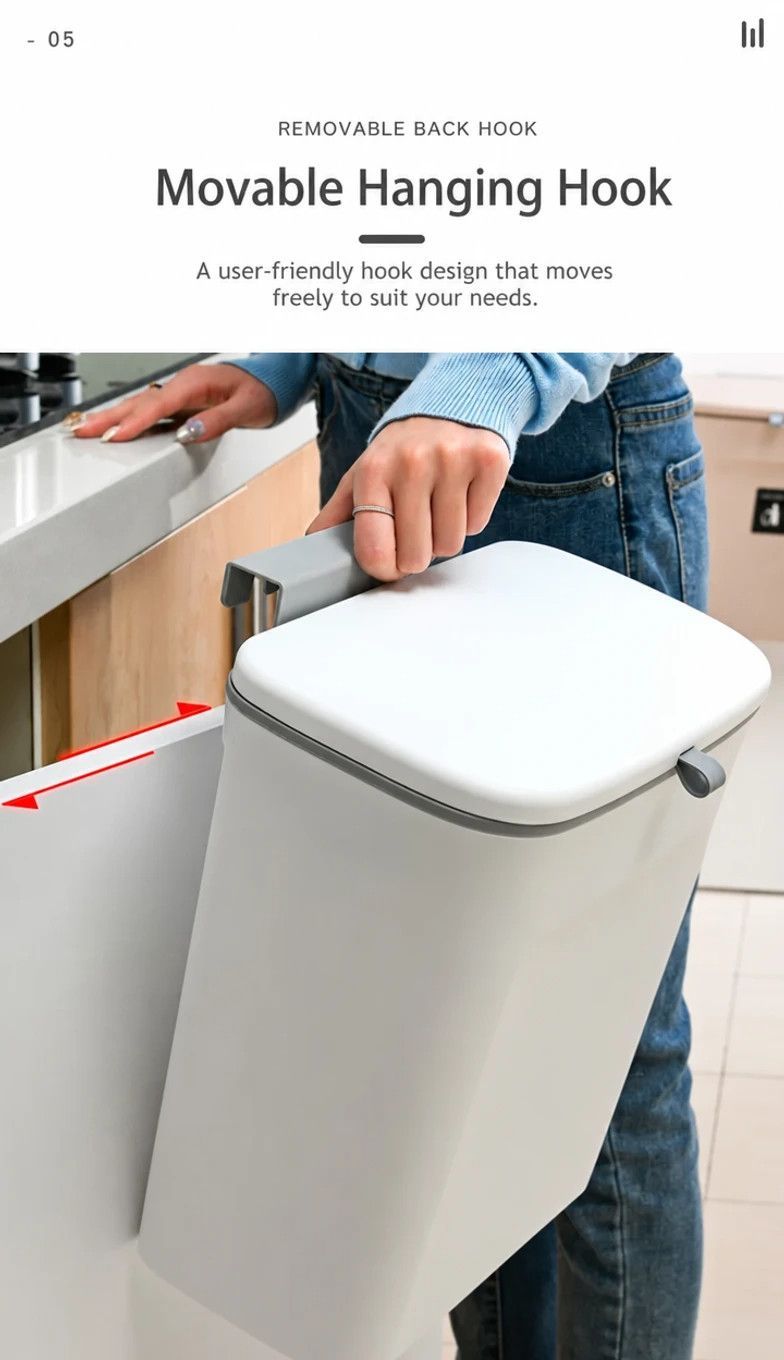Wall Mount Hanging Garbage Bin With Cover, Hang On Cabinet Door, 7L, Cream, Household Waste Bin For Living Room, Convenient Household Gift