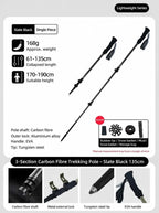 Lightweight Carbon Fiber Trekking Pole, 3 Section Adjustable Walking Stick, Fit For Height Under 190cm, Slate Black, Professional Hiking & Climbing Gear