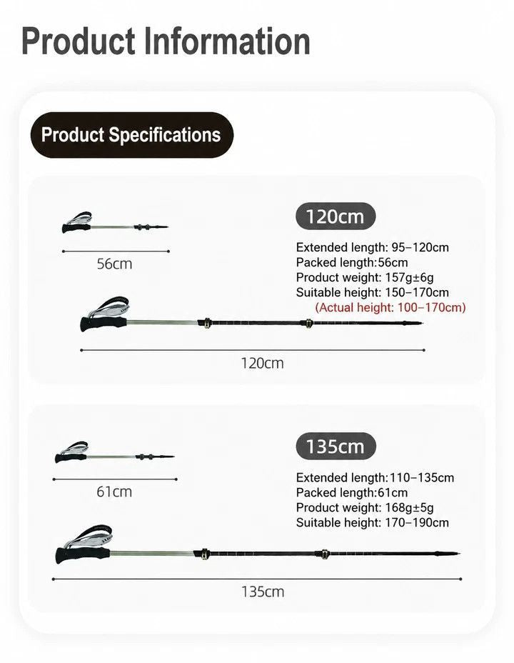 Lightweight Carbon Fiber 3 Section Trekking Pole, Adjustable Hiking Stick Fit For Height Under 190cm, Pine Green, Premium Outdoor Sports Supply