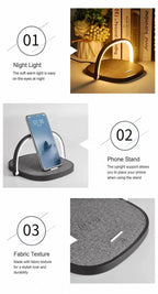 Mini Bedside Desk Lamp, 10W Wireless Charging Phone Stand, Stylish Fabric Night Light, Black, Supplied With USB Cable, Versatile Bedroom Night Decor & Useful Home Gift