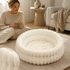 Plush Round Bed - Cream White, Size M: 50×50×15cm