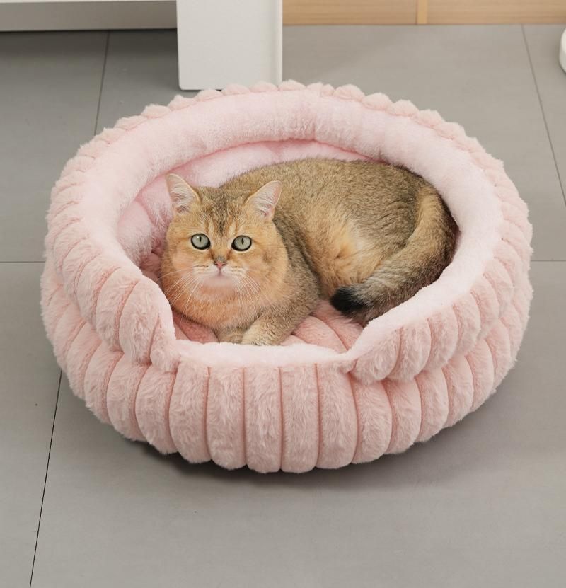 Plush Round Bed - Cream White, Size L: 60×60×15cm