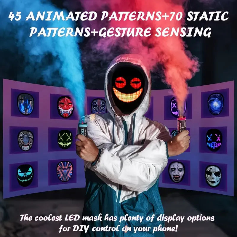 Smart LED Gesture-Sensing Light-Up Mask, 45 Dynamic + 70 Static Patterns, Party Atmosphere Essential / Battery-Powered Version