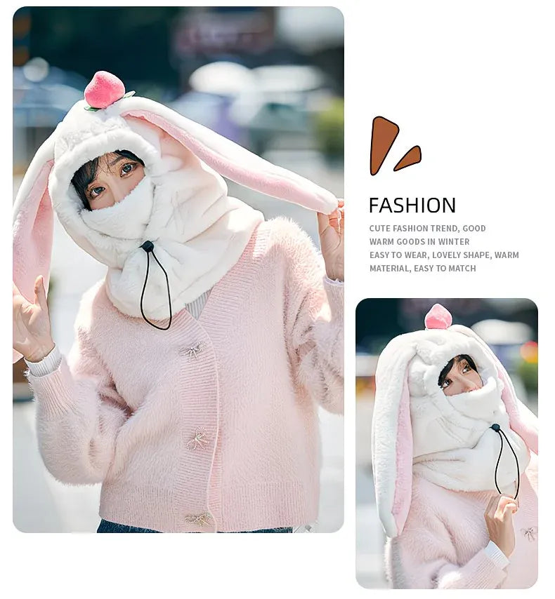 Cartoon Rabbit Ear Thermal Hat: Three-in-One Design, Cute and Warm, Perfect for Cycling and Skiing, Adorable All Winter Long!/white