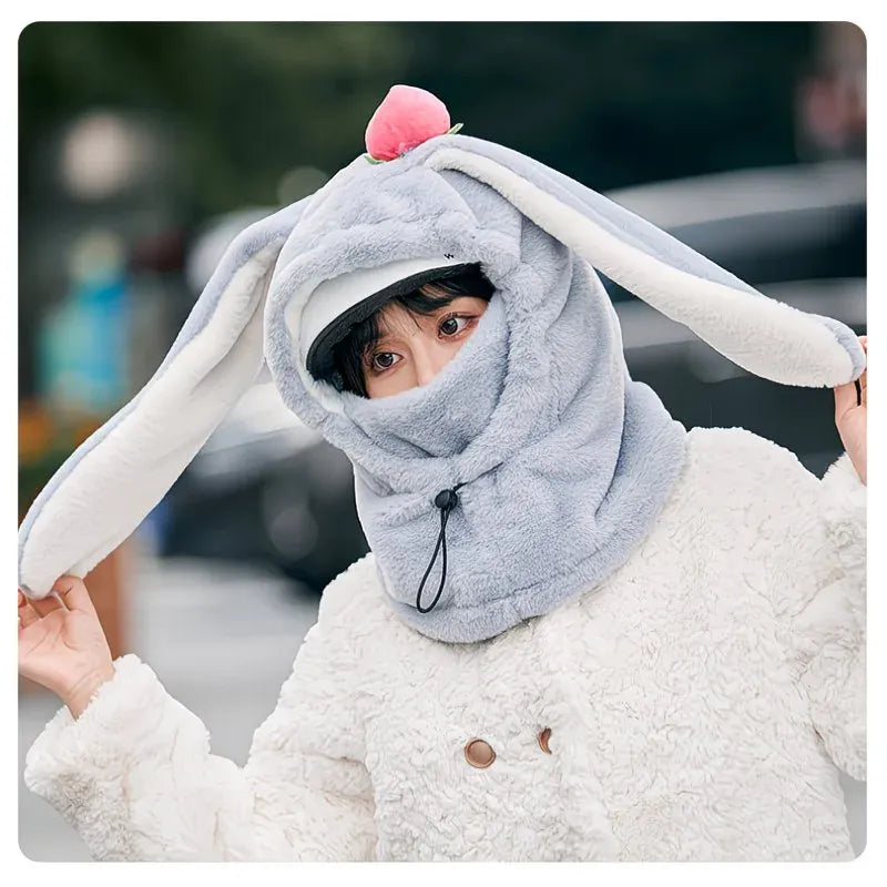 Cartoon Rabbit Ear Thermal Hat: Three-in-One Design, Cute and Warm, Perfect for Cycling and Skiing, Adorable All Winter Long!/GREY