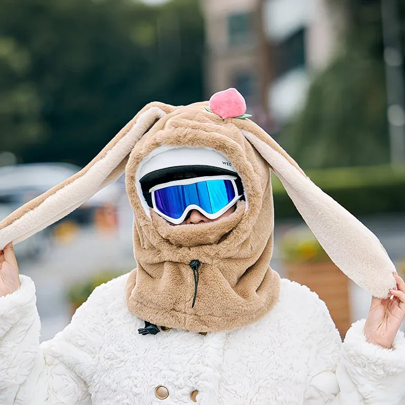 Cartoon Rabbit Ear Thermal Hat: Three-in-One Design, Cute and Warm, Perfect for Cycling and Skiing, Adorable All Winter Long!/camel
