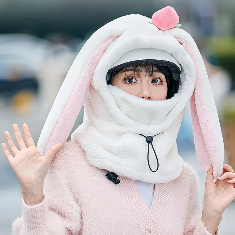 Cartoon Rabbit Ear Thermal Hat: Three-in-One Design, Cute and Warm, Perfect for Cycling and Skiing, Adorable All Winter Long!/PINK