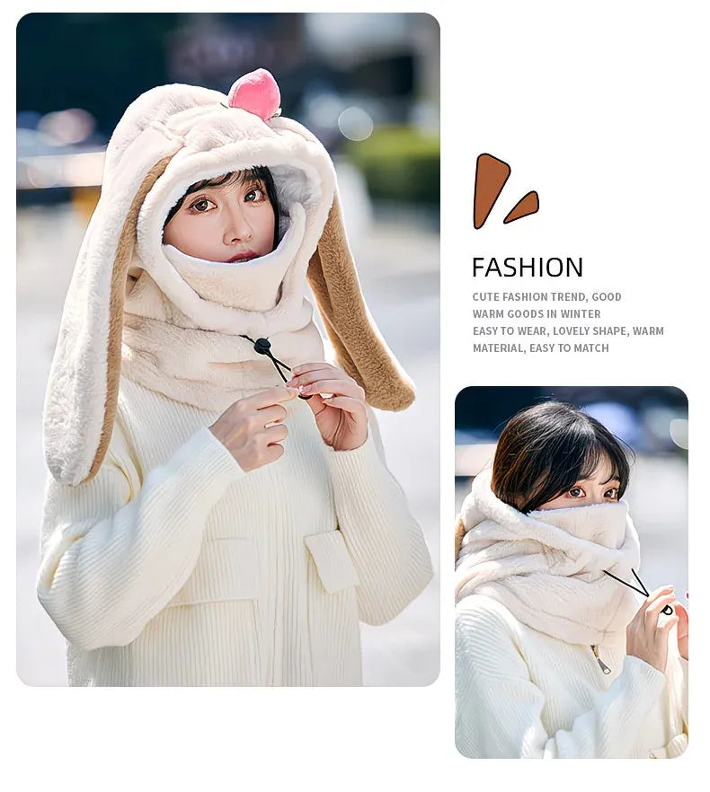 Cartoon Rabbit Ear Thermal Hat: Three-in-One Design, Cute and Warm, Perfect for Cycling and Skiing, Adorable All Winter Long!/PINK