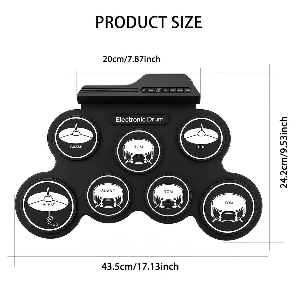 Portable Roll-Up Electronic Drum: Seven Pads with Realistic Feel, Silent Practice, Foldable and Easy to Carry Anywhere
