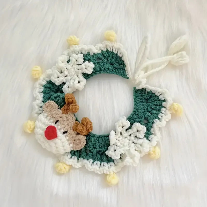 Handmade Yarn Pet Neckerchief, Christmas Photo Must-Have, Comfortable, Breathable & Adjustable. Reindeer Crochet Neckerchief: Size S