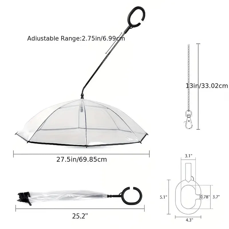 Bendable transparent pet umbrella with leash chain, rain or shine, one umbrella for outdoor pet walks