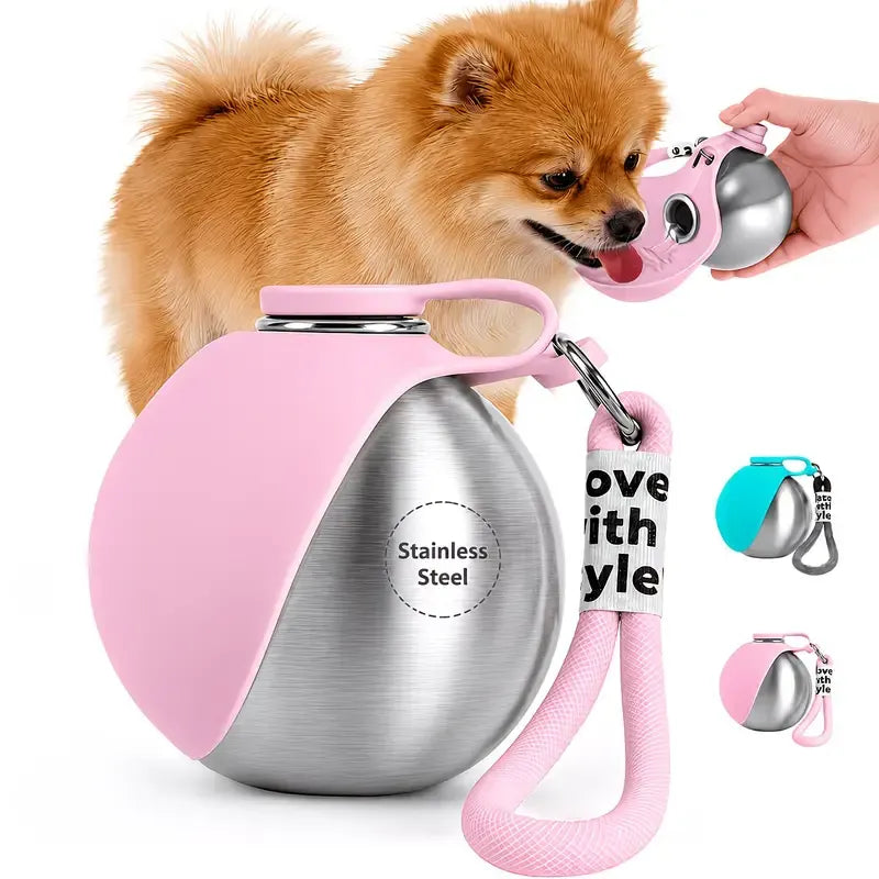 Portable Stainless Steel Cat & Dog Water Bottle, Leak-Proof 2-in-1 with Bowl, One-Press Drink & Feed for Outdoor Walks & Travel, Lightweight & Easy to Carry, Pet Essential./blue