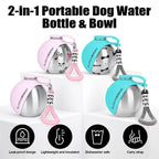 Portable Stainless Steel Cat & Dog Water Bottle, Leak-Proof 2-in-1 with Bowl, One-Press Drink & Feed for Outdoor Walks & Travel, Lightweight & Easy to Carry, Pet Essential./PINK