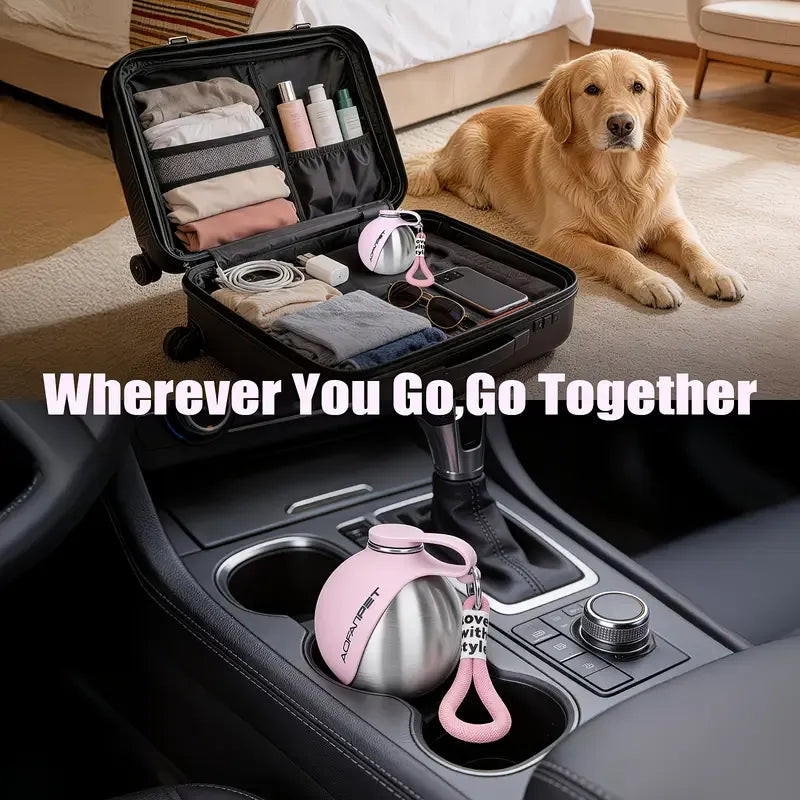 Portable Stainless Steel Cat & Dog Water Bottle, Leak-Proof 2-in-1 with Bowl, One-Press Drink & Feed for Outdoor Walks & Travel, Lightweight & Easy to Carry, Pet Essential./PINK