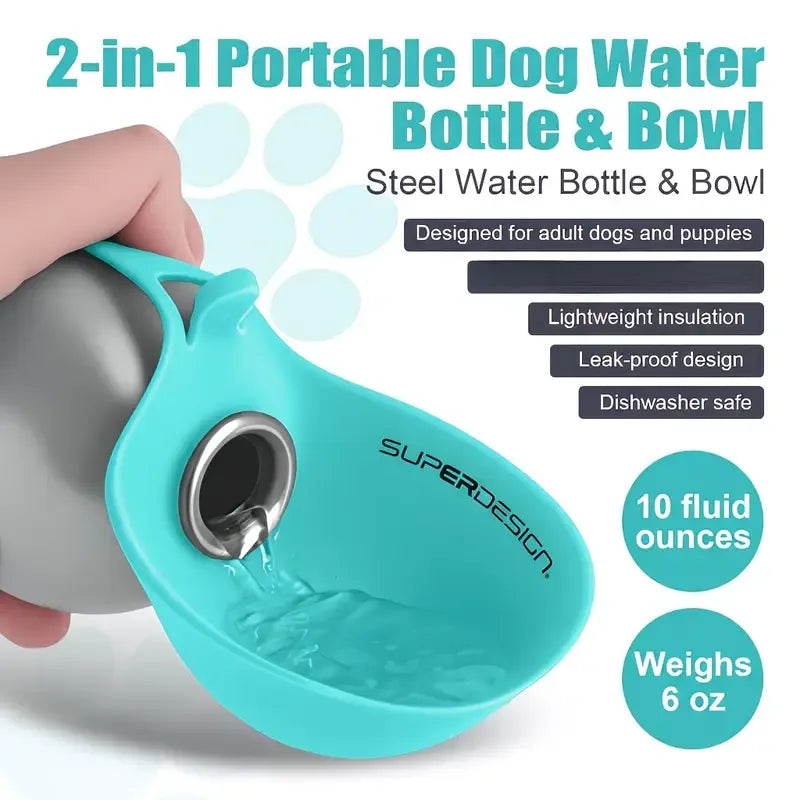 Portable Stainless Steel Cat & Dog Water Bottle, Leak-Proof 2-in-1 with Bowl, One-Press Drink & Feed for Outdoor Walks & Travel, Lightweight & Easy to Carry, Pet Essential./GREY
