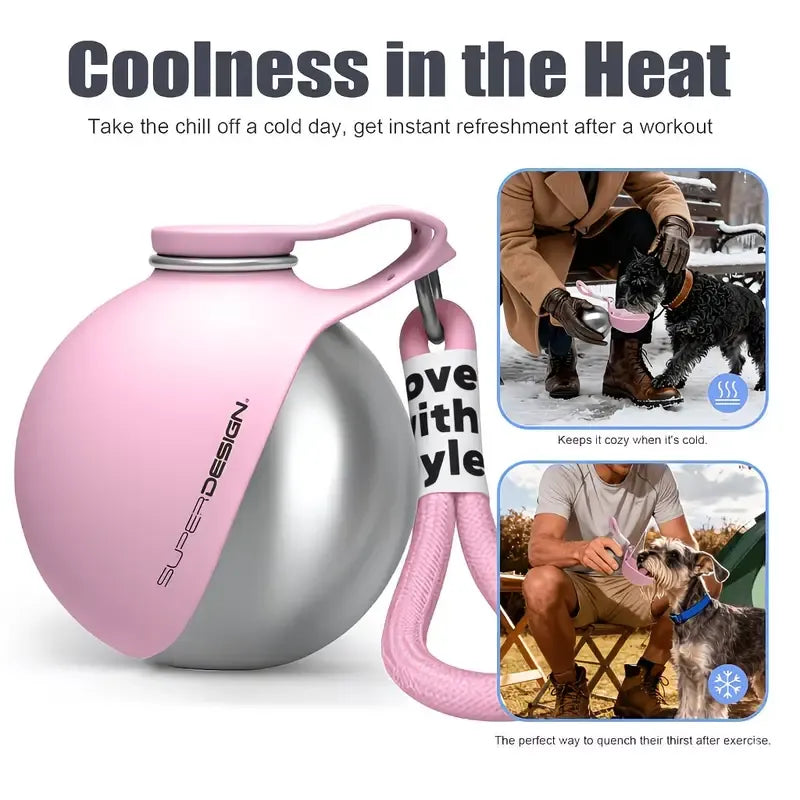 Portable Stainless Steel Cat & Dog Water Bottle, Leak-Proof 2-in-1 with Bowl, One-Press Drink & Feed for Outdoor Walks & Travel, Lightweight & Easy to Carry, Pet Essential./GREY